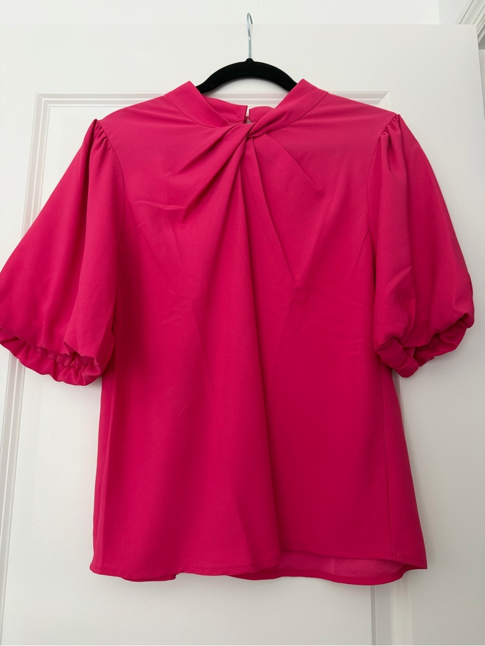 LOFT Fuchsia Twist-Neck Puff Sleeve Blouse
